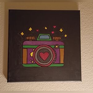 Camera With Heart Art On Canvas Acrylic Painting Home Decor Wall Decor 10x10"